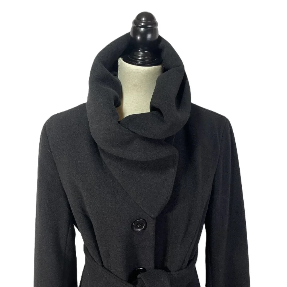 Calvin Klein Wool Blend Belted Tailored Black Coat Collared Knee Length Size 12 - Picture 5 of 16